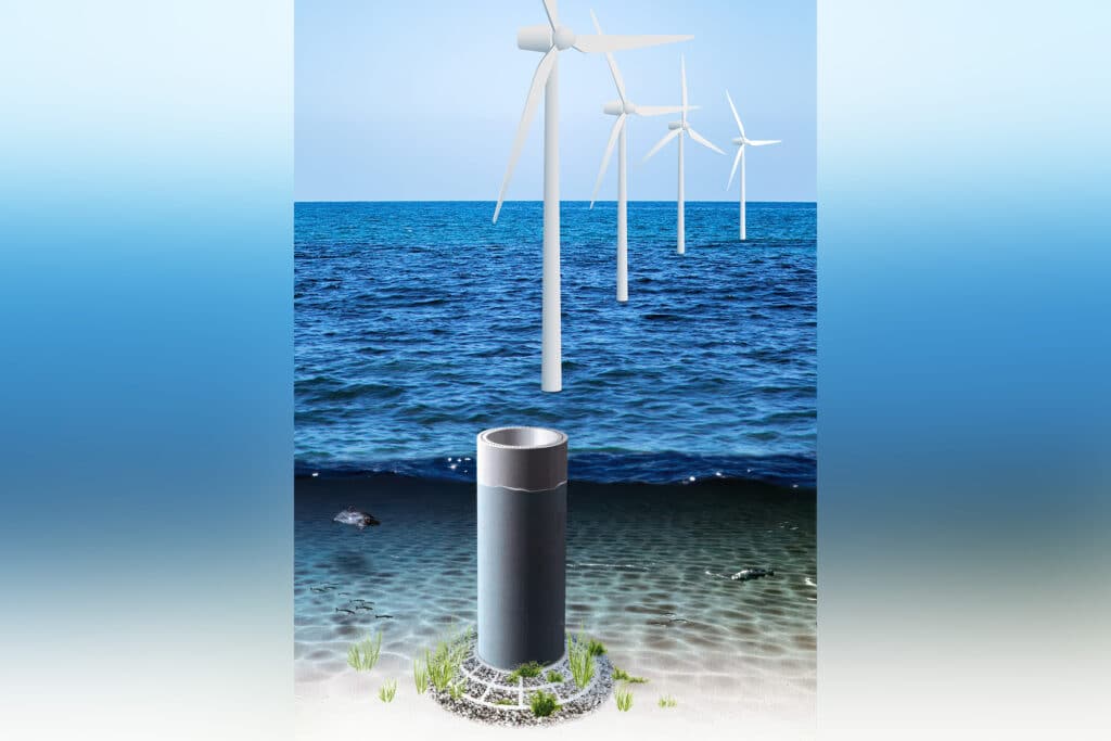 Offshore windfunderingen met betonnen schacht en seabed-frame 1