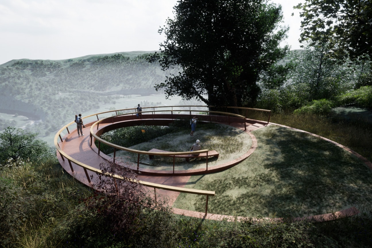 Elegante stalen ellips die uitkijkt over de vallei 2